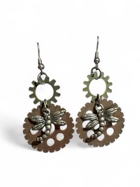 Dragonfly Gear Pendant Earrings - Metallic Silver Antiqued Gold and Bronze